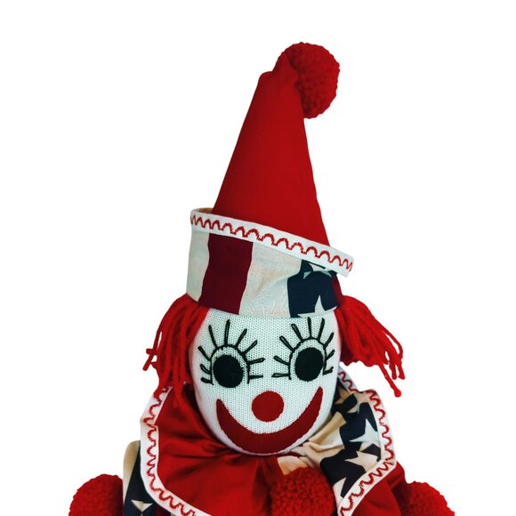 Handmade Vintage Patriotic Clown Doll With Red Hat & Star-Striped Outfit 22-Inch - Picture 3 of 4